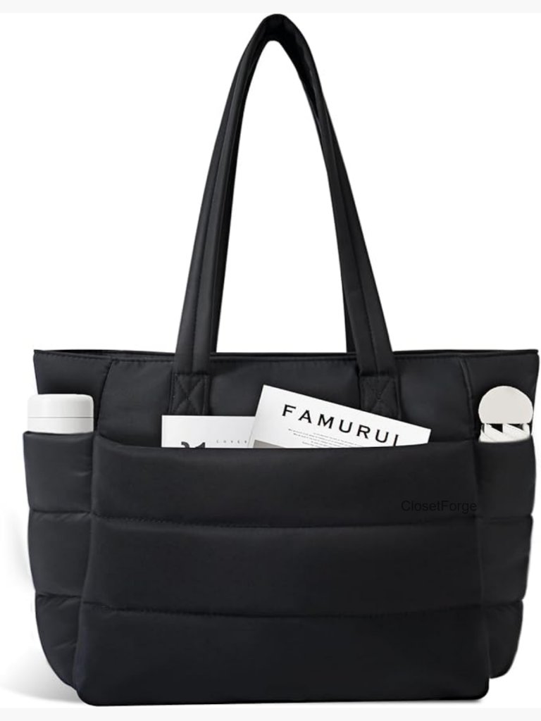 Lightweight Puffy Tote Bag With Laptop Sleeve, 9 Pockets